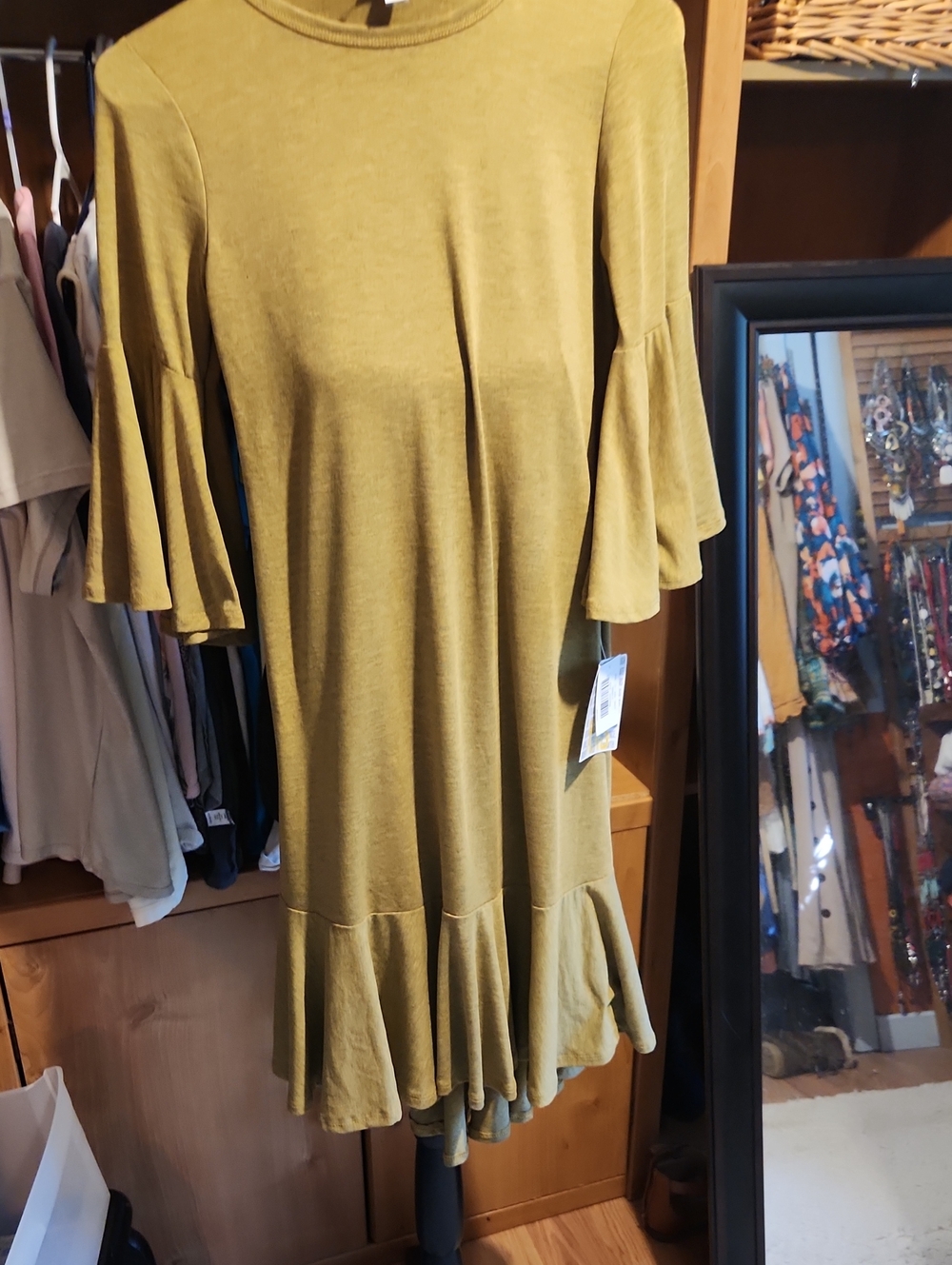 LuLaRoe Mustard Green Ruffle Hem Bell Sleeve Tunic